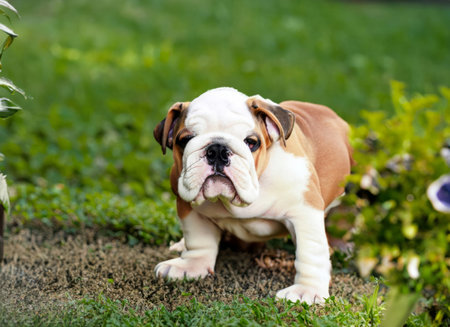 puppy Bulldog dog in garden. High-quality photoの写真素材