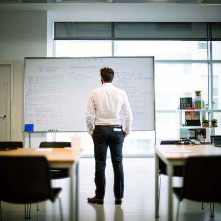 rear view of a young businessman standing in front of a whiteboardの素材