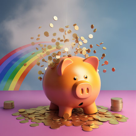 Piggy bank with gold coins flying into the sky with rainbowの素材