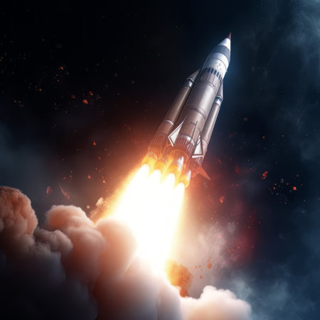 Rocket taking off into space. Mixed media. Mixed media. Mixed mediaの素材