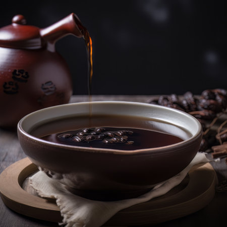 Cup of black tea with coffee beans and teapot on wooden tableの素材