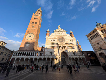 Cremona, Italy: 01 21 2023 piazza del comune in front of the duomo cathedral in normal day. High...