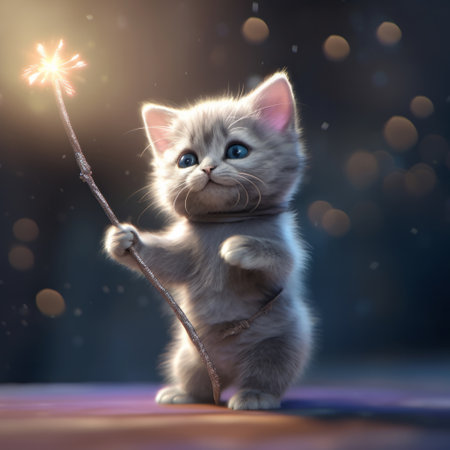 magic kitten with wand , children's book cover , fairy tales,generated with AI.. High quality photoの素材