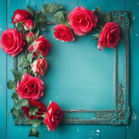 Roses Border with copy space.Beautiful Frame Composite with Wood ,Women's and Mother's Day,generated with AI. High-quality photoの素材