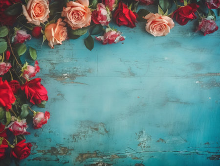 Roses Border with copy space.Beautiful Frame Composite with Wood ,Women's and Mother's Day,generated with AI. High-quality photoの素材