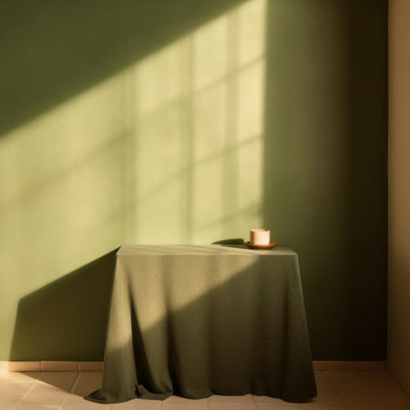 Empty table on khaki green texture wall background with shadows,generated with AI.. High quality photoの素材