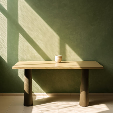 Empty table on khaki green texture wall background with shadows,generated with AI.. High quality photoの素材