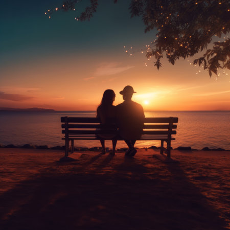 young couple hand in hand sitting on the bench on the shore of the sea lake at sunset,generated with AI. High-quality photoの素材