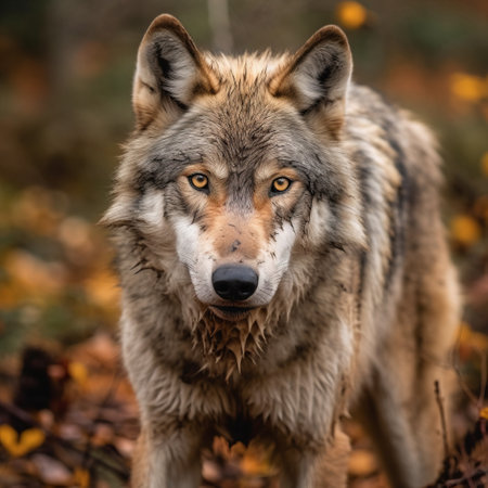 portrait photo of a wolf in a natural environment in the rain,generated with AI. High-quality photoの素材