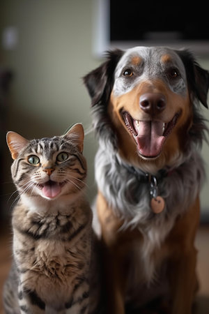bunny photo of a dog and a cat smiling after played, generated with AI. High-quality photoの素材
