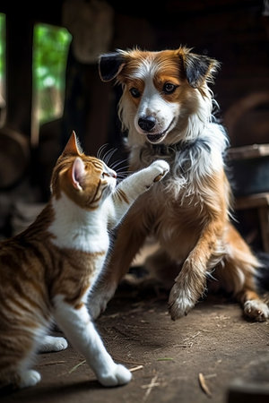 bunny photo of a dog and a cat smiling after played, generated with AI. High-quality photoの素材