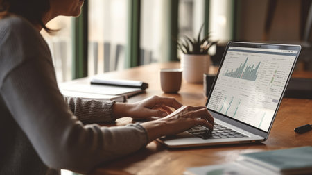 Woman working on spreadsheets on laptop focus on hands,generated by AI. High-quality photoの素材
