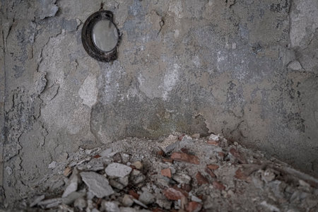 crumbling wall and rubble in large abandoned house. High-quality photo