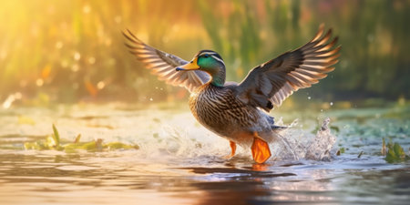 Wild duck flying in the lake,generated with AI. High-quality photoの素材