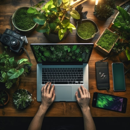 working on computer view from top focus on hands, generated with AI. High-quality photoの素材
