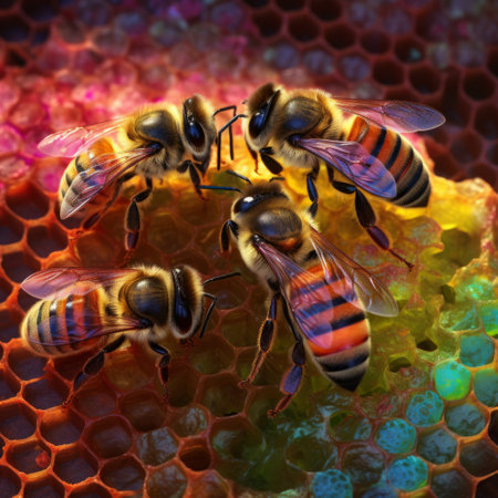 bees on a bee hive with honey chromatic fluorescent, generated with AI. High-quality photoの素材