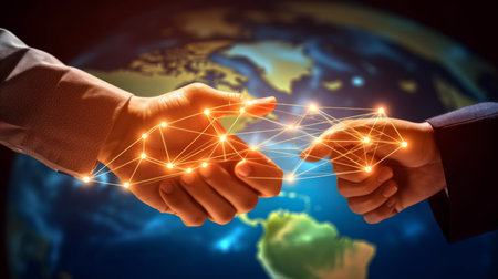 Businessman touching customer global structure network, ai image. High-quality photoの素材