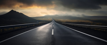 Black Asphalt Road And White Dividing Lines. Highway in early morning, AI image. High-quality photoの素材