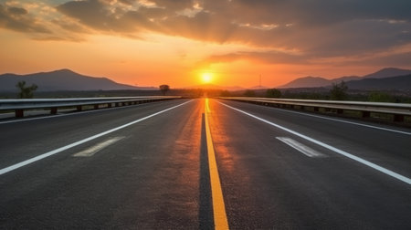 Black Asphalt Road And White Dividing Lines. Highway in early morning, AI image. High-quality photoの素材