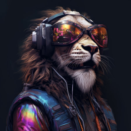 Lion Portrait cyberpunk wearing virtual reality headset,generated with AI. High-quality photoの素材