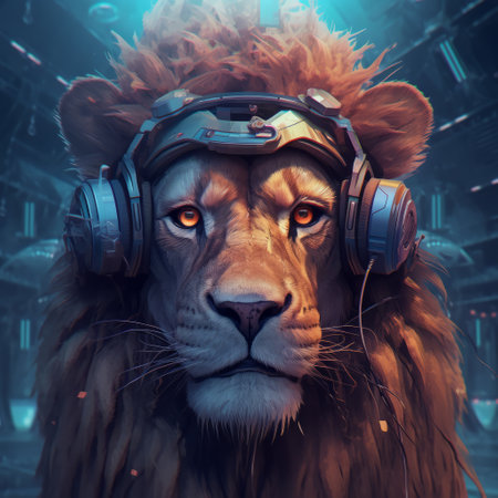 Lion Portrait cyberpunk wearing virtual reality headset,generated with AI. High-quality photoの素材
