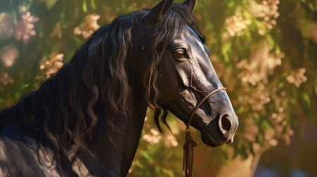 portrait of a black Arabian Stallion horse, generated with AI. High-quality photoの素材