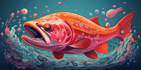 Illustration For leaping salmon in the water, generated with AI. High-quality photoの素材