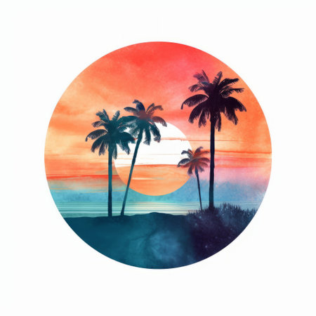 square minimalistic background with sunset palm trees and sea,generated with AI. High-quality photoの素材