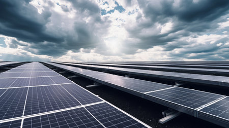 Solar power station with solar panels for producing electric power energy by green power. Technology and electrical industrial power plant concept.,generated with AI. High-quality photoの素材
