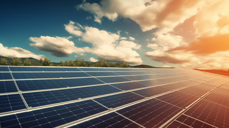 Solar power station with solar panels for producing electric power energy by green power. Technology and electrical industrial power plant concept.,generated with AI. High-quality photoの素材