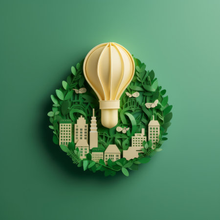 Paper cut of light bulb with green eco city , Renewable energy by 2050 Carbon neutral energy or greenhouse gas emission CO2 , Save energy creative idea concept,generated with AI. High-quality photoの素材