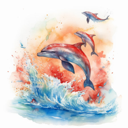 watercolor dolphins swim over the ocean,generated with AI. High-quality photoの素材
