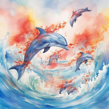watercolor dolphins swim over the ocean,generated with AI. High-quality photoの素材