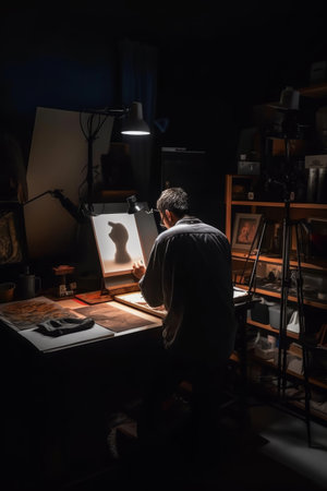 photographer at work in a studio image captured from back, generated with AI. High-quality photoの素材