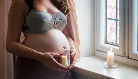 pregnant woman with candle at the window in shadows,generated with AI. High-quality photoの素材
