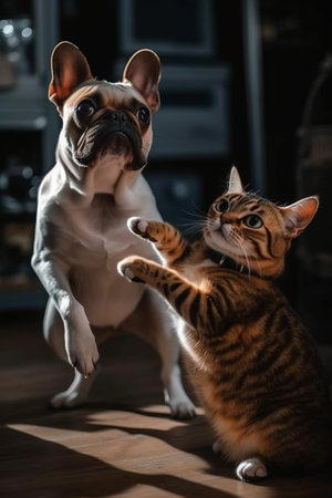 funny photo of a dog and a cat playing together as friends,generated with AI. High-quality photoの素材
