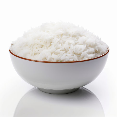 Bowl full of cooked rice isolated on white background,generated with AI. High-quality photoの素材