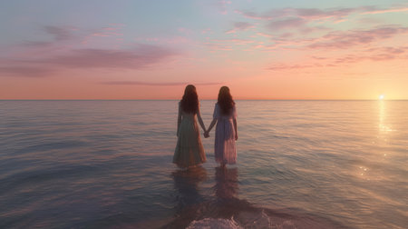 two girls holding hands with love at sunset on the beach,generated with AI. High-quality photoの素材