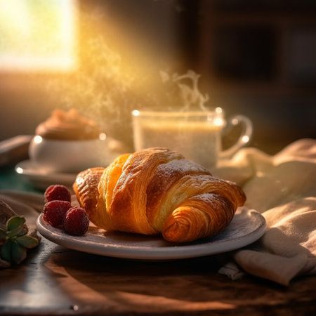 croissant on a plate for breakfast with misty smoke, generated with AI. High-quality photoの素材
