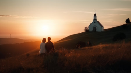 white church on a hill with a view of the sunrise,generated with AI. High-quality photoの素材