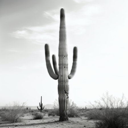 black and white photo of a saguaro cactus in the desert,generated with AI. High-quality photoの素材