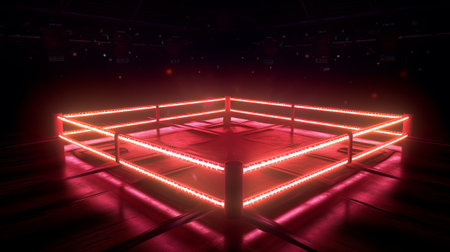 square boxing ring with illumination by spotlights,generated with AI. High-quality photoの素材