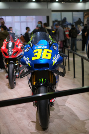 Milano, Italy - 2021 11 27: Eicma Milano Bike Expo TEAM SUZUKI ECSTAR Joan Mir. High-quality photo