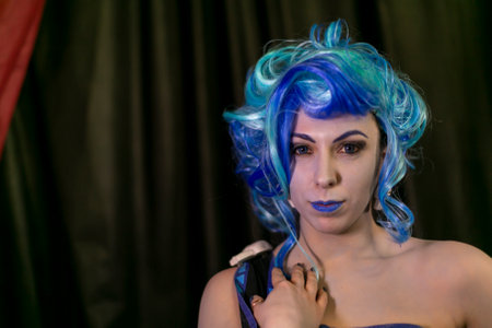 Lucca, Italy - 2018 10 31 : Lucca Comics free cosplay event around city girl in blue wig. High-quality photoのeditorial素材