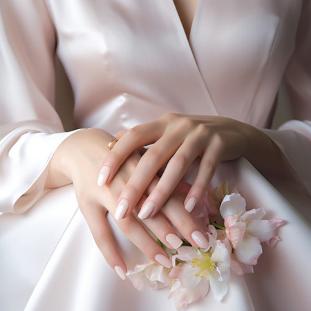 untanned delicate bridal manicured hands with pastel light white nail polish, High quality photoの素材