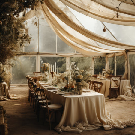 wedding banquet buffet under white awnings in the countryside , generated by AI. High-quality photoの素材