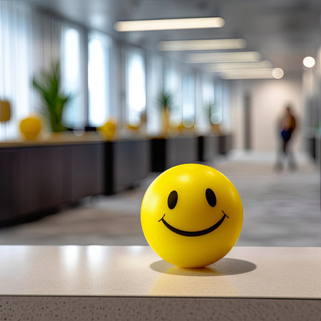 Positivity in the workplace demonstrated by a yellow smiling ball in the office interior, promoting a positive work environment and inspiring corporate culture , generated by AI. . High-quality photoの素材