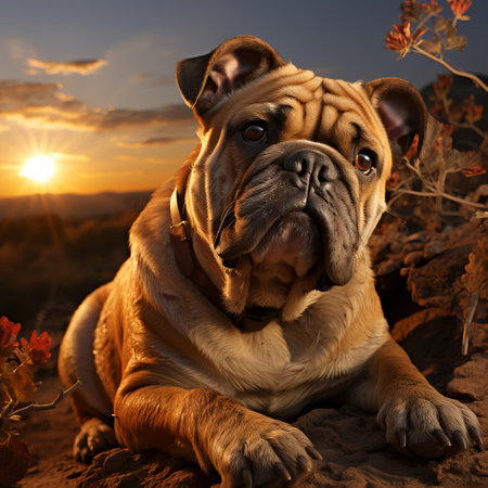 Golden Hour Bulldog sitting at sunset , generated by AI. High-quality photoの素材