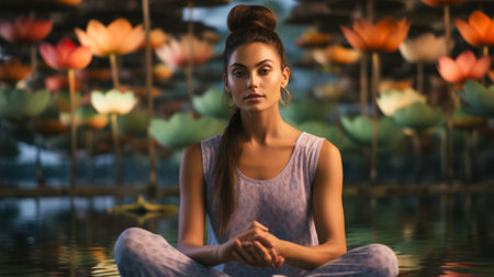 lady yoga instructor for a class poster with motivational background, generated by AI. . High-quality photoの素材