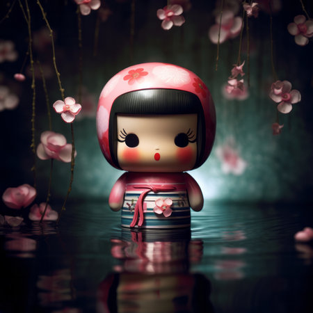 beautiful kokeshi wooden doll underwater and fish design, , generated by AI. High-quality photoの素材